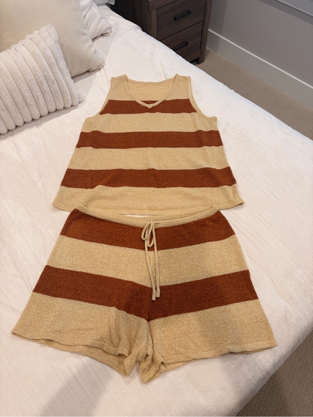 Striped Knit Tank & Shorts Set in Cream and Rust